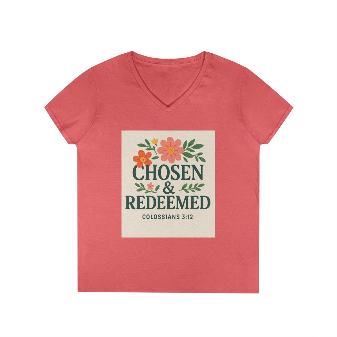 Chosen & Redeemed Ladies' V-Neck T-Shirt - Floral Design, Inspirational Quote