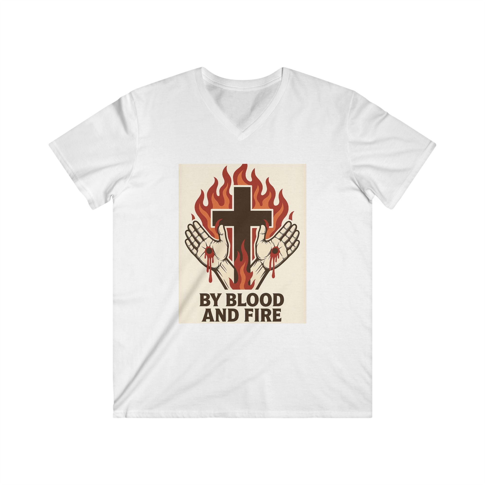 Men's V-Neck Tee - By Blood and Fire Christian Graphic Shirt