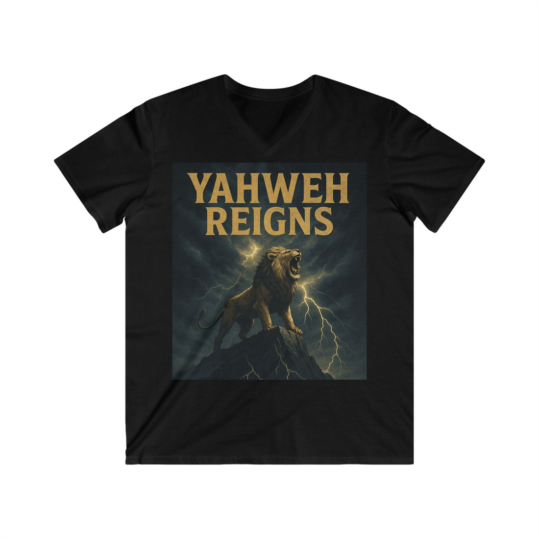 Yahweh Reigns Lion V-Neck Tee - Inspirational Christian Men's Shirt