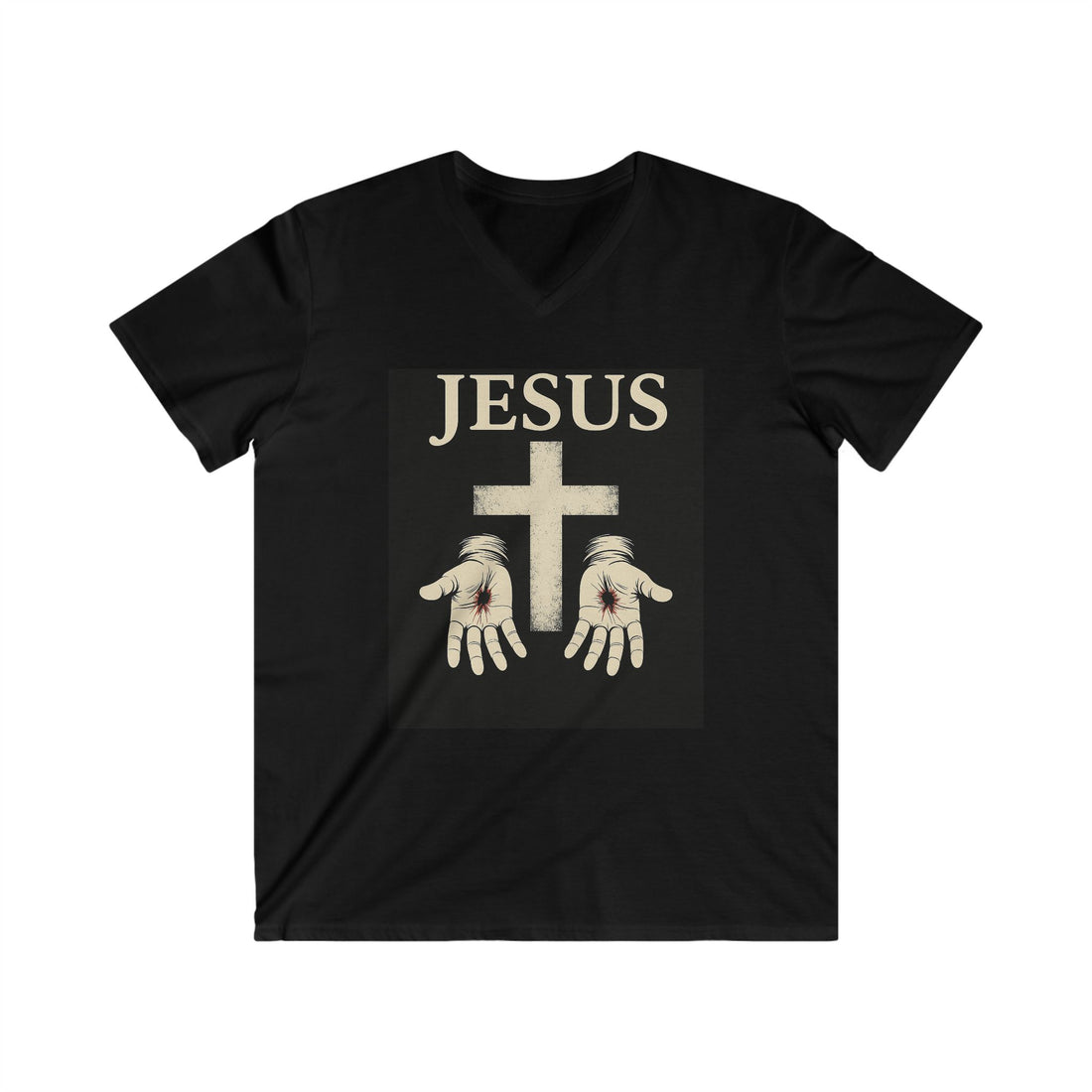 Faith-Inspired Men's V-Neck Tee - 'JESUS' Design with Hands and Cross
