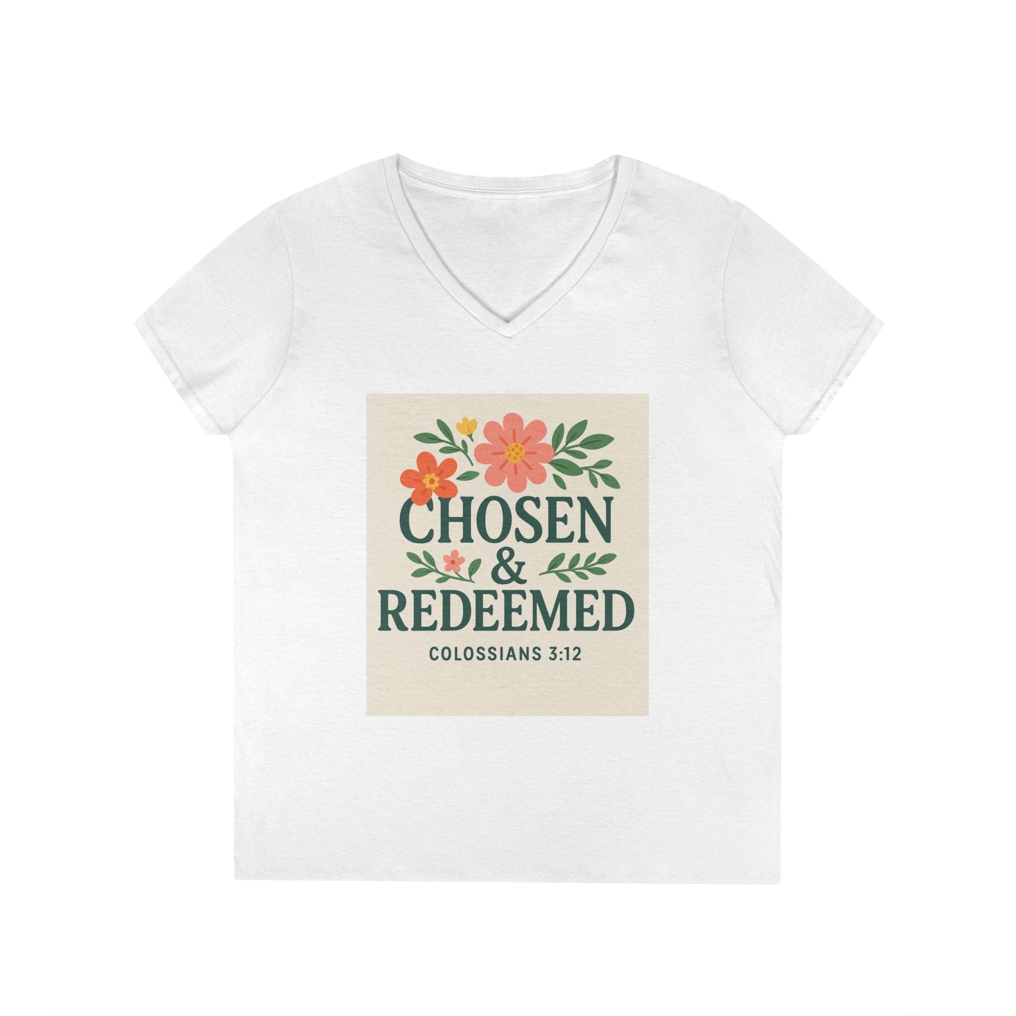 Chosen & Redeemed Ladies' V-Neck T-Shirt - Floral Design, Inspirational Quote
