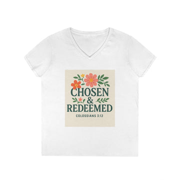 Chosen & Redeemed Ladies' V-Neck T-Shirt - Floral Design, Inspirational Quote