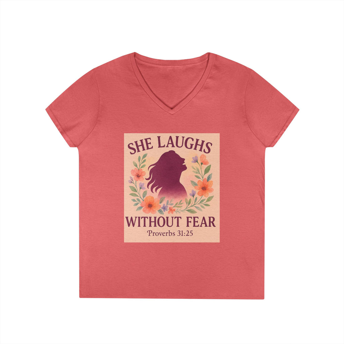 "She Laughs Without Fear" Ladies' V-Neck T-Shirt - Empowering Floral Design