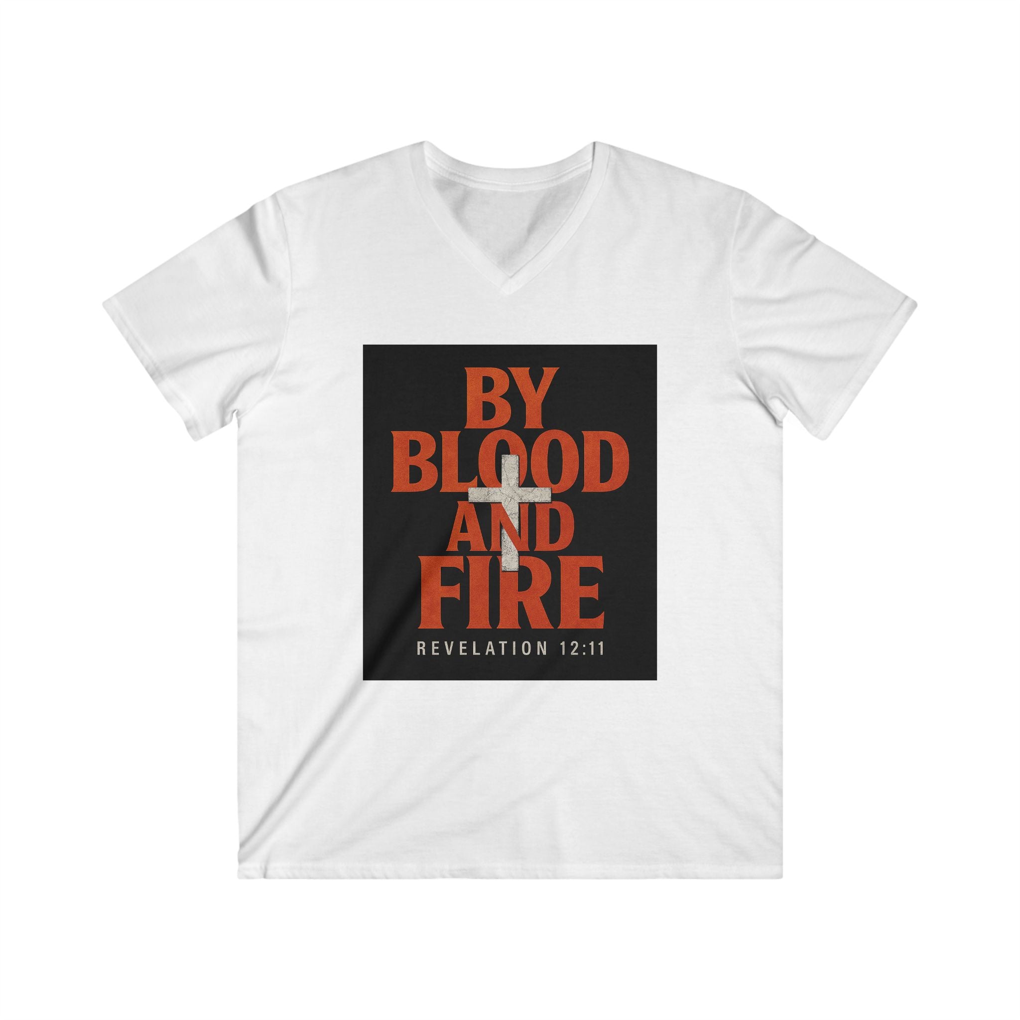 Men's Fitted V-Neck Tee - 'By Blood and Fire' Revelation 12:11 Inspiration