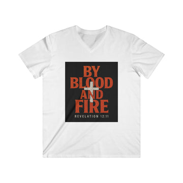 Men's Fitted V-Neck Tee - 'By Blood and Fire' Revelation 12:11 Inspiration