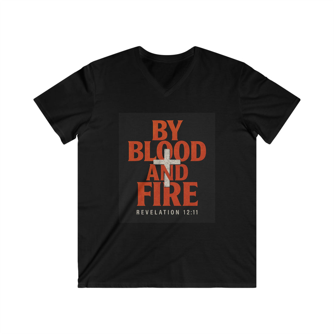 Men's Fitted V-Neck Tee - 'By Blood and Fire' Revelation 12:11 Inspiration