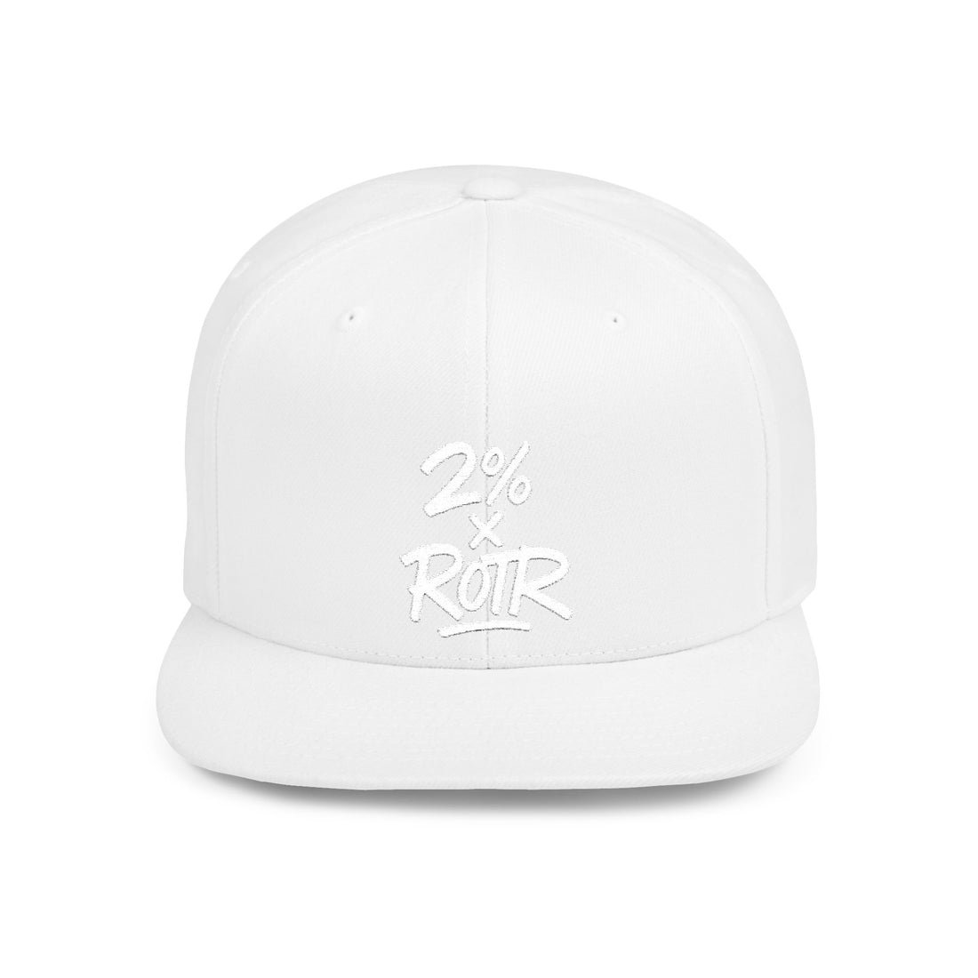 2% x ROTR Flat Bill Snapback Cap - Street Style White Hat with Bold Graphic
