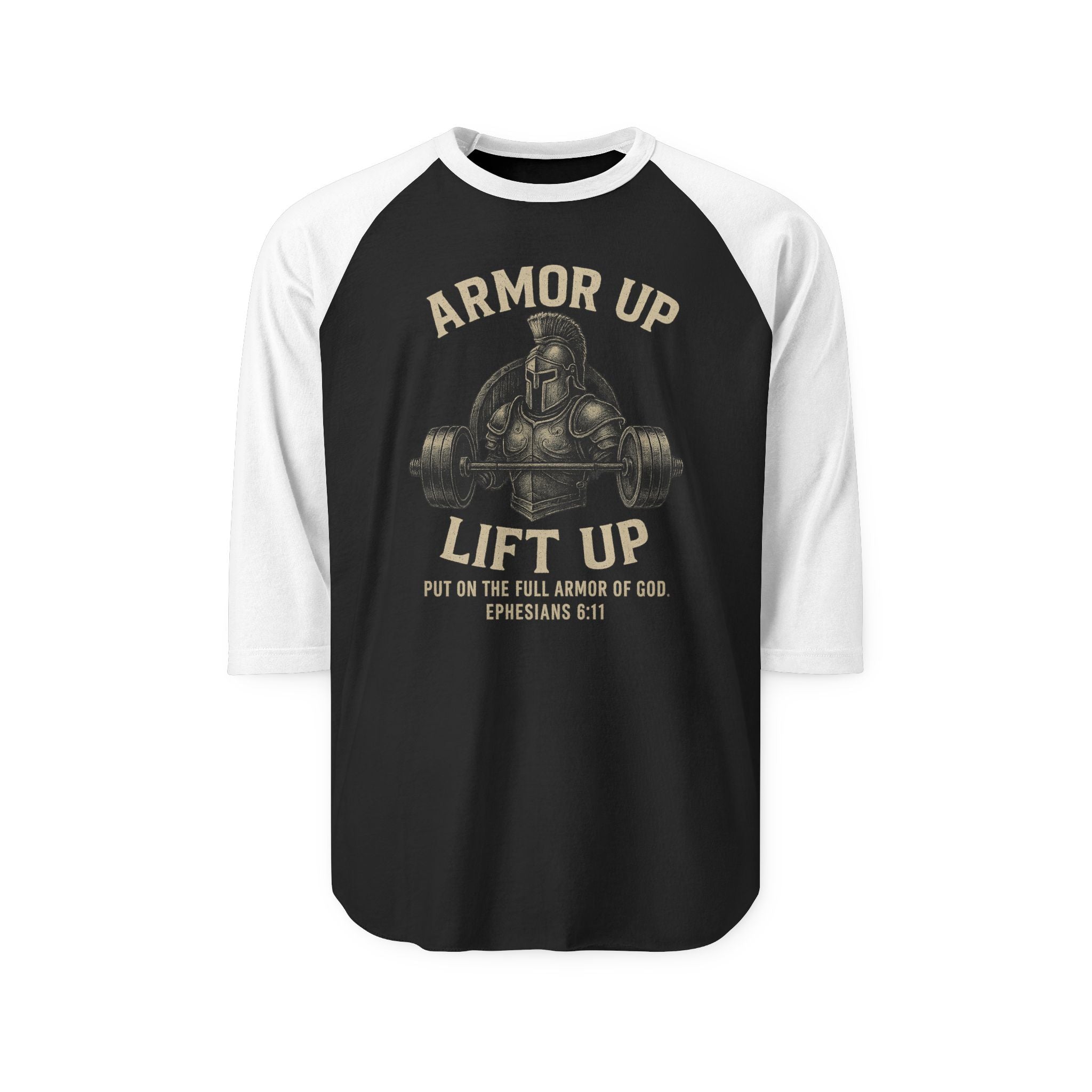 Armor Up Lift Up Unisex Three-Quarter Sleeve Raglan Shirt, Inspirational Fitness Shirt, Christian Apparel, Workout Gift, Motivational Tee